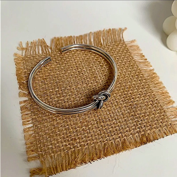 Knot Sterling Silver Bangle Cuff Bracelet, Elegant Matching Ring Set - Picture 11 of 15